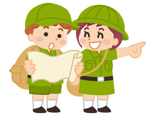 地図を覗き込む探検隊の子供　ボーイスカウト　冒険　アウトドア