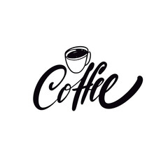 Coffee sign and coffee cup icon. Hand drawn black color vector art.