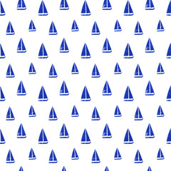 Seamless pattern with blue boats with sails on a white background. Marine background.