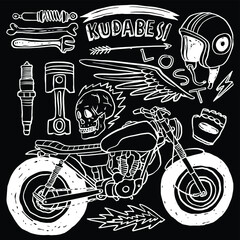Hand drawing of skull riding vintage motorcycle. Motorcycle Club Illustration - obrazy, fototapety, plakaty