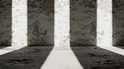 Wall and floor made of plaster and concrete in a room with vertical lights coming through a window.