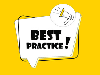 Megaphone with Best Practice speech bubble on yellow background.