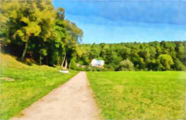 Fototapeta na wymiar Watercolor of urban landscape, landscape park. An alley of a landscape park. Road leading to a lonely house on the edge of the forest. Digital painting - illustration. Watercolor drawing.