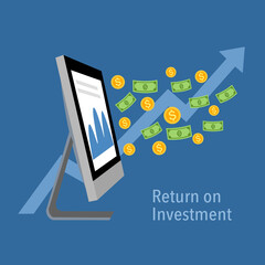 Return on investment concept vector illustration. Money coins and banknotes flying from computer screen with rising arrow in flat design.