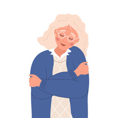 Love yourself. Self care. Mental health concept. Happy elderly woman hugging herself. Smiling aged lady enjoys her freedom. Vector illustration in flat cartoon style.
