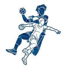 Group of Handball Players Male and Female Cartoon Sport Action 
