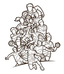 Group of Handball Players Male and Female Cartoon Sport Action 