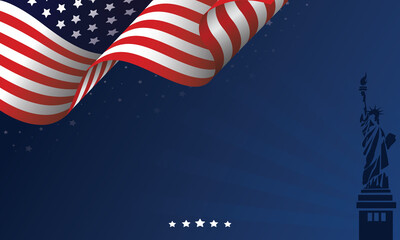 USA Independence Day Background. American Day Background with Liberty Statue Silhouette, America Flag and Copy Space Area. Suitable to place on content with that theme or other about USA