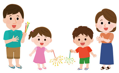 手持ち花火をする家族　イラスト
