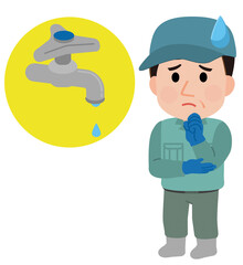 水不足　蛇口から水が出なくて困る作業員男性　イラスト