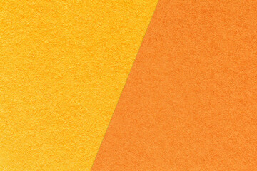 Texture of craft yellow and orange paper background, half two colors, macro. Structure of vintage...