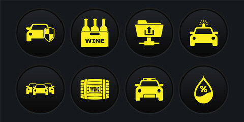 Set Cars, Police car and flasher, Wooden barrel for wine, , FTP folder upload and Bottles of box icon. Vector