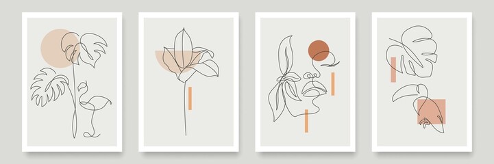 Line Art Drawings Set with Tropical Leaves and Woman Fase. Monstera Leaf Minimalist Trendy Contemporary Design Perfect for Wall Art, Prints, Social Media, Posters, Invitations, Branding Design. Vector