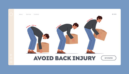 Avoid Back Injury Landing Page Template. Correct Lift of Heavy Box Concept. Man Stand Up with Cardboard Package in Hands
