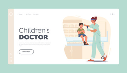 Pediatric Clinic Landing Page Template. Child at Doctor Appointment in Hospital. Ent Examining Ears of Kid, Hearing Test