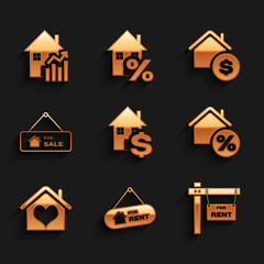 Set House with dollar, Hanging sign For Rent, percant, heart shape, Sale, and Rising cost of housing icon. Vector