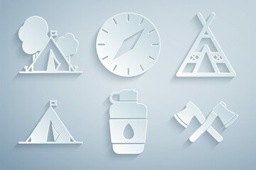 Set Canteen water bottle, Tourist tent, with flag, Crossed wooden axe, Compass and icon. Vector