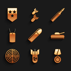 Set Bullet, Nuclear bomb, Military reward medal, tank, Radar with targets, dog tag, and Chevron icon. Vector