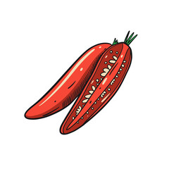 Hand drawn chili pepper whole and slice. Red color sketch style.