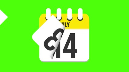 July 15. Calendar appearing, with the pages dropping down to the date july 15. Green background, chroma key