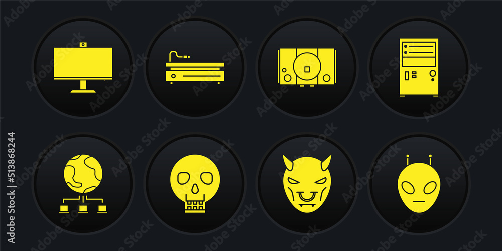 Poster set computer network, skull, mask of the devil with horns, video game console, alien and monitor ico