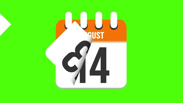 August 26. Calendar appearing, with the pages dropping down to the date august 26. Green background, chroma key