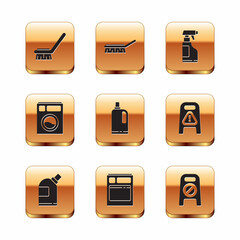 Set Brush for cleaning, Bottles agent, Kitchen dishwasher machine, Fabric softener, Washer, Spray bottle with detergent liquid, Wet floor and progress and icon. Vector