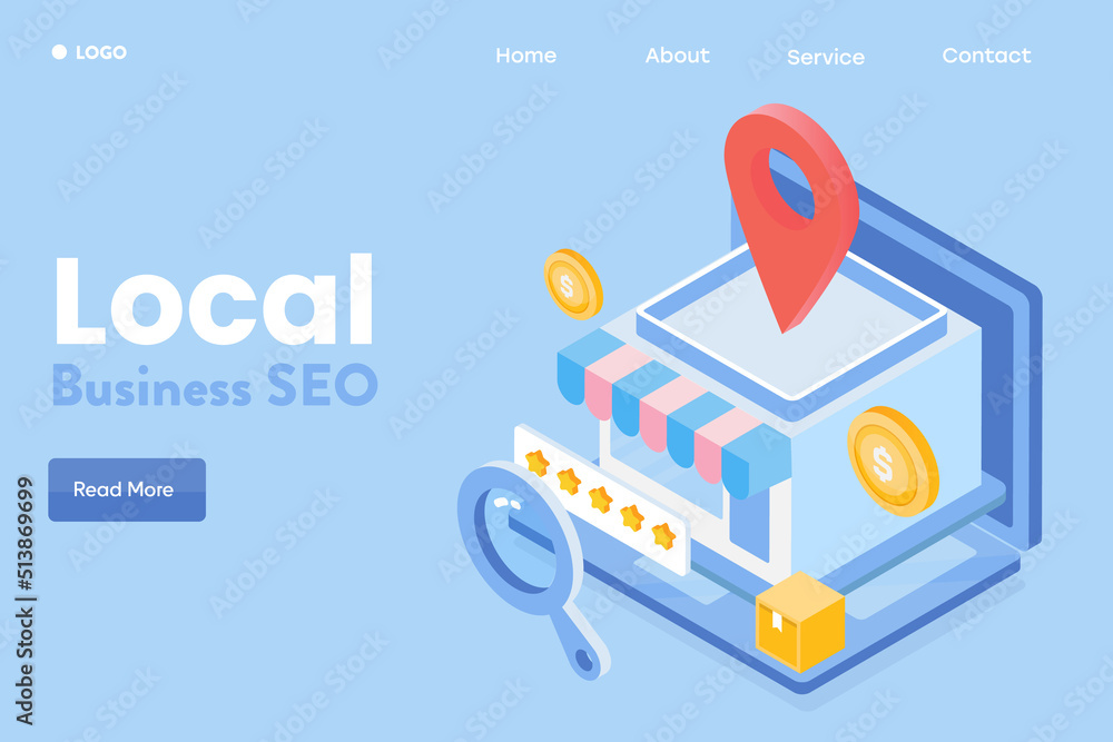 Poster 3d illustration flat design concept of local business seo, search engine optimization local shop map
