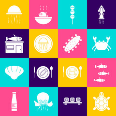 Set Turtle, Fishes, Crab, Takoyaki on stick, Jellyfish plate, Seafood store, and cucumber icon. Vector