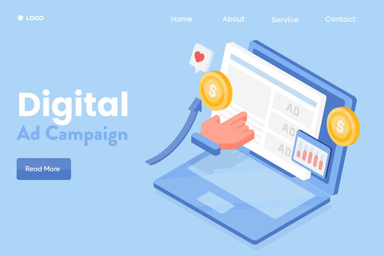 Digital Ads, Social Media Advertising Campaign, Paid Media Marketing  On Laptop Screen, 3d Illustration Flat Design Web Banner Template.