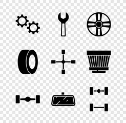 Set Gear, Wrench spanner, Alloy wheel, Chassis car, Car mirror, tire and Wheel wrench icon. Vector