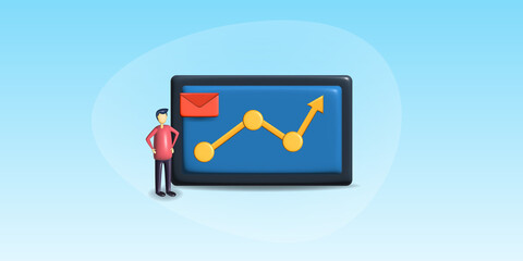 3d businessman analysing  business and financial growth with tablet device and red email on top,  increasing arrow render illustration.