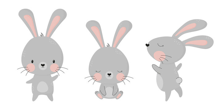 Collection of cute grey hand drawn bunnies