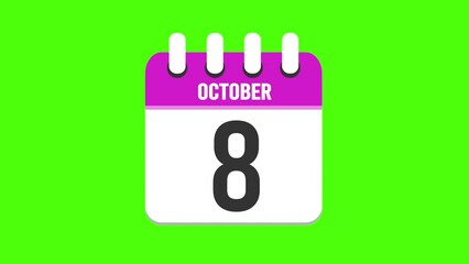 October 8. Calendar appearing, with the pages dropping down to the date october 8. Green background, chroma key