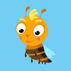 Cute bee in cartoon style. Character for design of postcards, inscriptions, children books. Vector illustration, icon on isolated background.