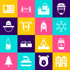 Set House, Coffee cup to go, Snowflake, Chateau Frontenac hotel, Pennant Canada, Canadian ranger, dollar and Winter icon. Vector
