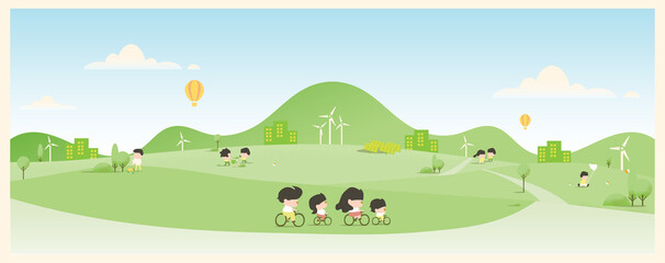 Obraz na płótnie Canvas Vector illustration of eco friendly concept.Flat banner Environmentally friendly.hand drawn cartoon people in a city.Ride bicycle,plant a tree.Clean nature concept.Renewable energy power.Think green