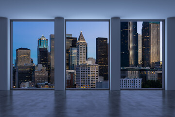Fototapeta na wymiar Empty room Interior Skyscrapers View. Cityscape Downtown Seattle City Skyline Buildings from High Rise Window. Beautiful Real Estate. Night time. 3d rendering.