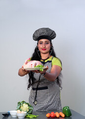 Traditional and  Professional cook,  Woman professional chef presented variety items for cooking Healthy food concept
