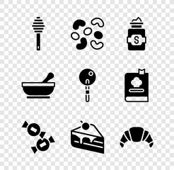 Set Honey dipper stick, Jelly candy, Jar of sugar, Candy, Piece cake, Croissant, Mortar pestle and Lollipop icon. Vector