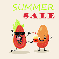Vector illustration of two funny papayas, in glasses and with a smoothie, cocktail the inscription summer sale. Summer time, summer vibes.