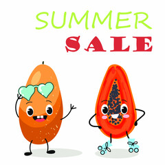 Vector illustration of two funny papayas, with glasses and on roller skates, the inscription summer sale. Summer time, summer vibes.