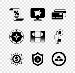 Set Finance document, Piggy bank, Credit card, Dollar, share, network, Shield with dollar, Gold bars, Safe and Stacks paper money cash icon. Vector