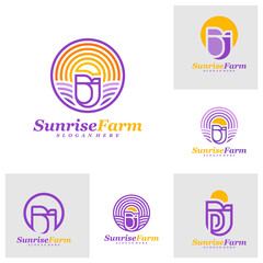 Set of Rose with Sun Logo Design Template. Rose Farm logo concept vector. Creative Icon Symbol