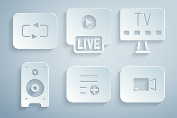 Set Add to playlist, Smart Tv, Stereo speaker, Play video button, Live stream and Repeat icon. Vector