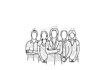 Group of young and confident business people stand together. hand drawn vector illustration design.