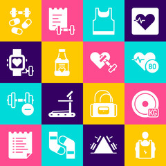 Set Bodybuilder, Weight plate, Heart rate, Sleeveless t-shirt, Vitamins, Smart watch with heart, Sports doping dumbbell and Dumbbell icon. Vector