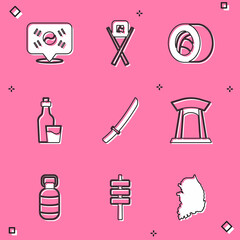 Set Location South Korea, Sushi with chopsticks, Soju bottle, Katana, Korean gate, lantern and food tokpokki icon. Vector