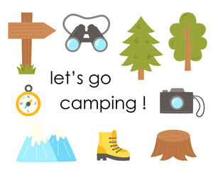 Set of flat camping elements. Lets go camping card.
