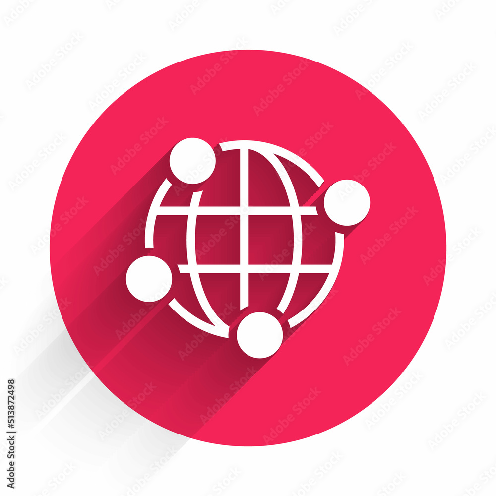 Poster white global technology or social network icon isolated with long shadow background. red circle butt